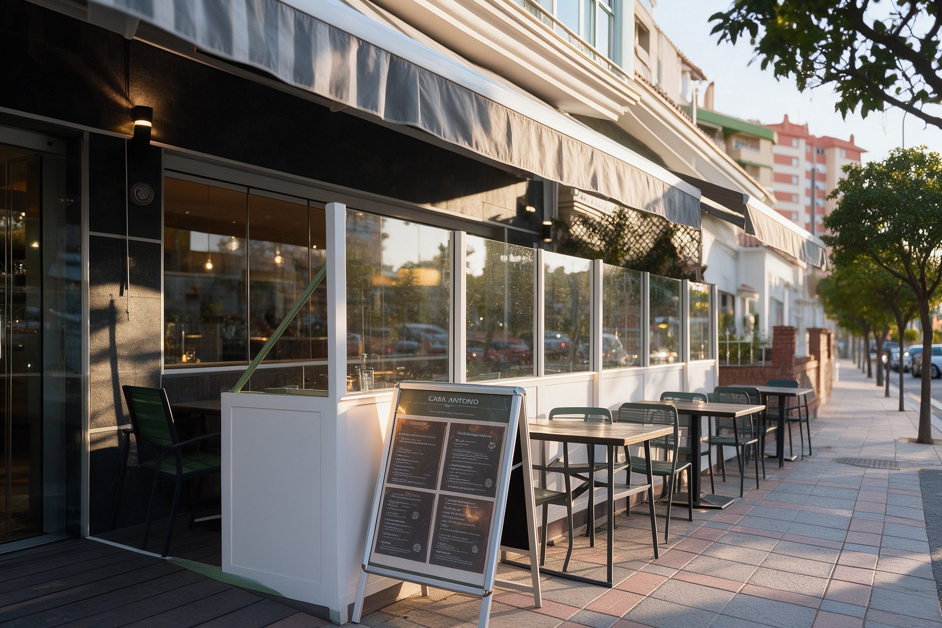 Fachada del restaurante con terraza en la acera y la carta expositora a la entrada