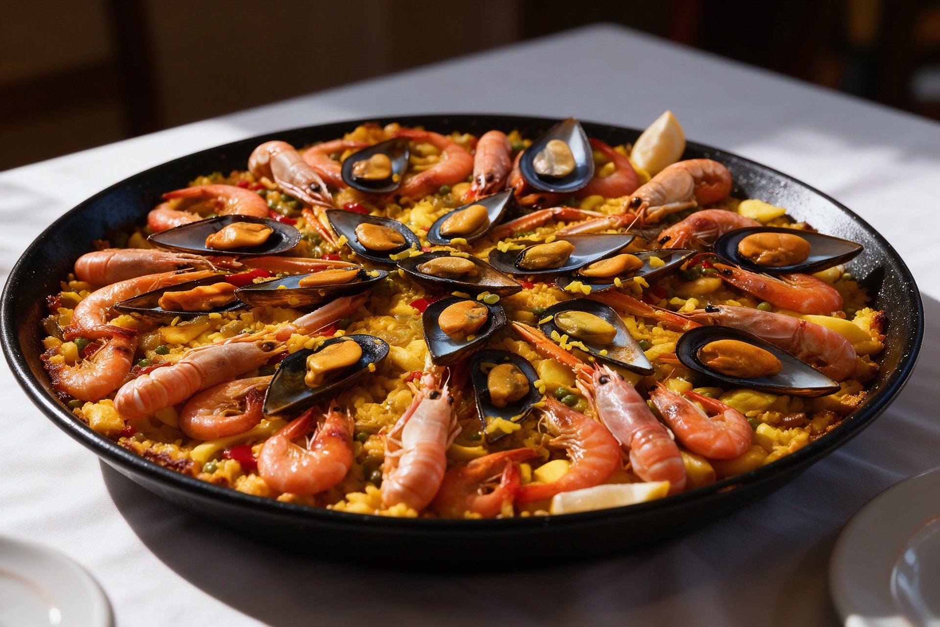 Paella de marisco con gambas y mejillones en una paella negra