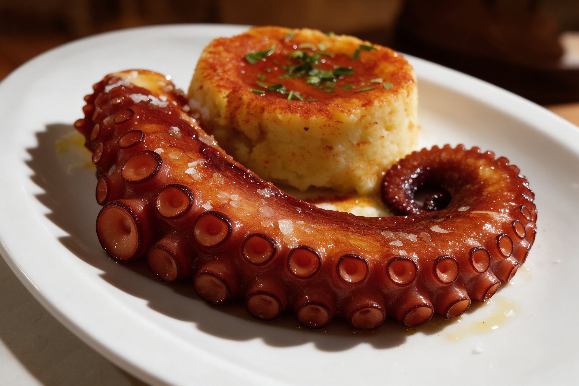 Pulpo a la gallega con patata dorada y pimentón en un plato blanco