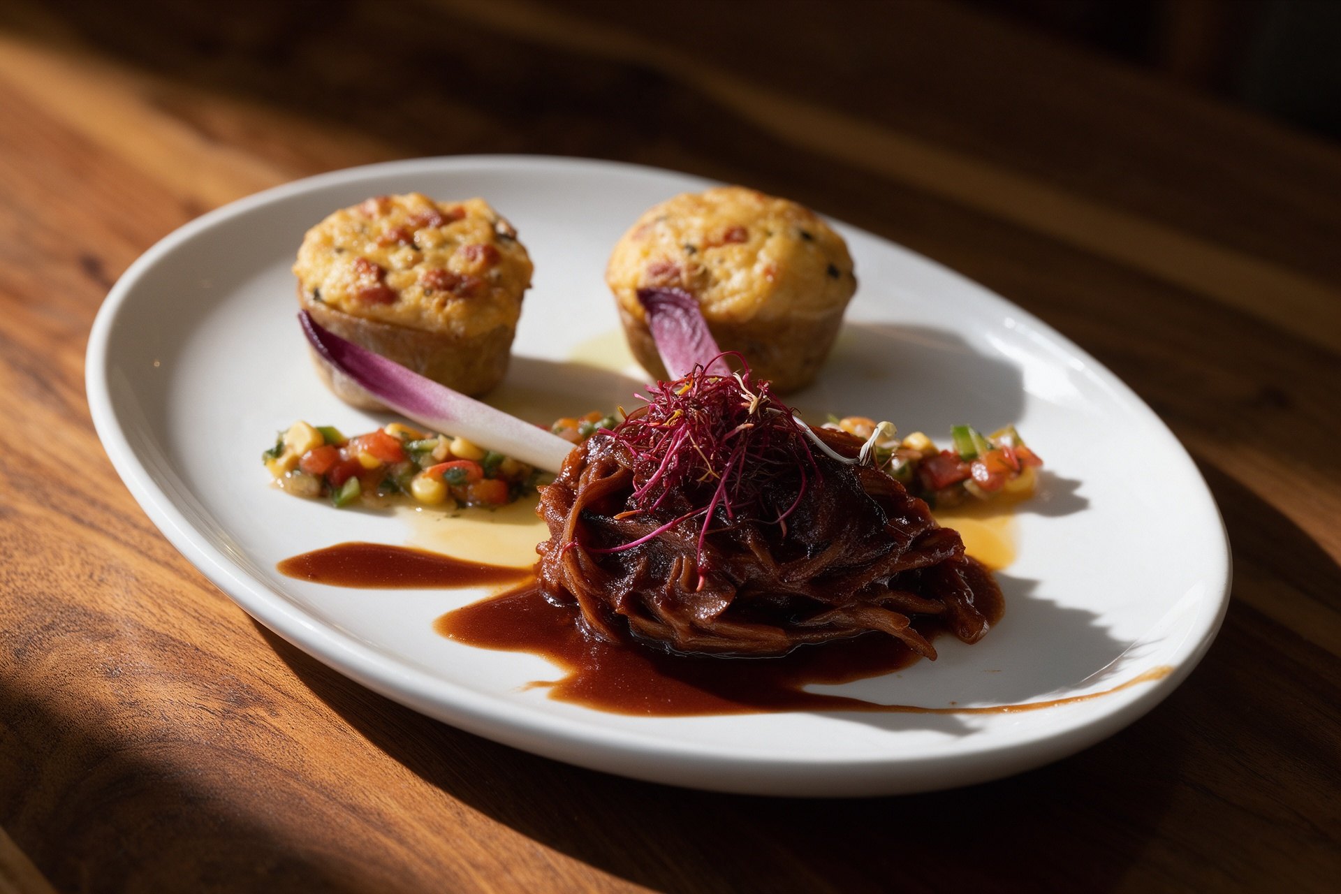 Selección de entrantes con mini tortillitas, verduras y carne en salsa de vino
